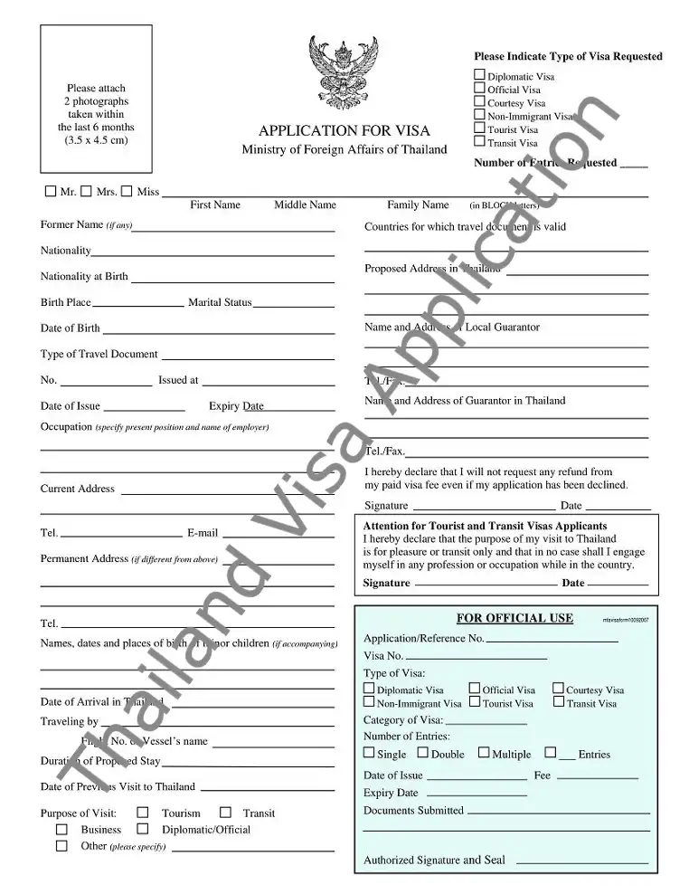 Thailand Tourist Visa Application Form